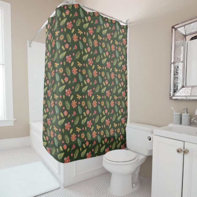 Whimsical Forest Flowers & Leaves Shower Curtain (In Situ)