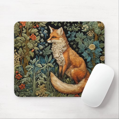 Whimsical Forest Fox Vintage Botanical Floral Mouse Pad