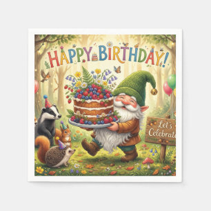 Whimsical Forest Garden Gnome Birthday Design Napkins