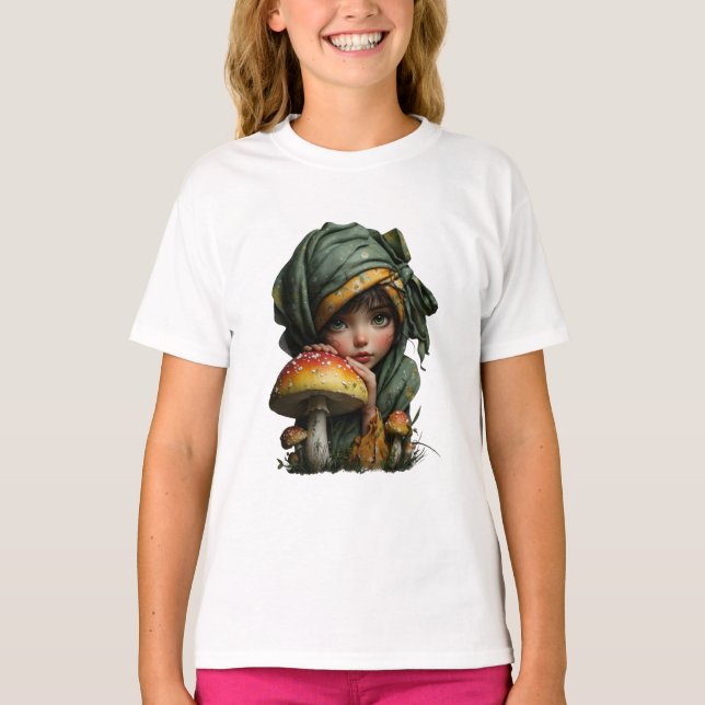 Whimsical Forest Girl with Mushroom Fantasy Art T-Shirt (Front)