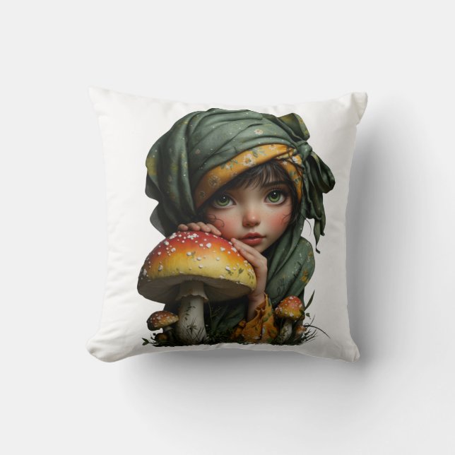 Whimsical Forest Girl with Mushroom Fantasy Art Throw Pillow (Front)
