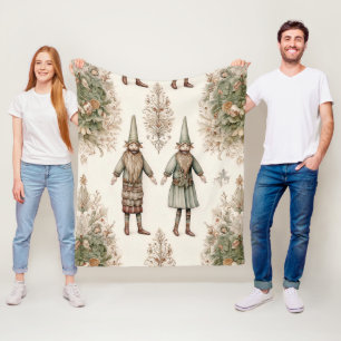Whimsical Forest Gnomes & Botanical Fleece Blanket
