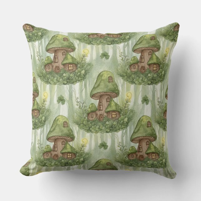 Whimsical Forest Mushroom Fairy House Pattern Throw Pillow (Front)