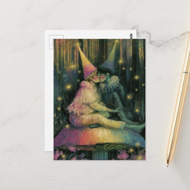 Whimsical Forest Mushroom Fairy Tale Romance Art Postcard (Front/Back In Situ)