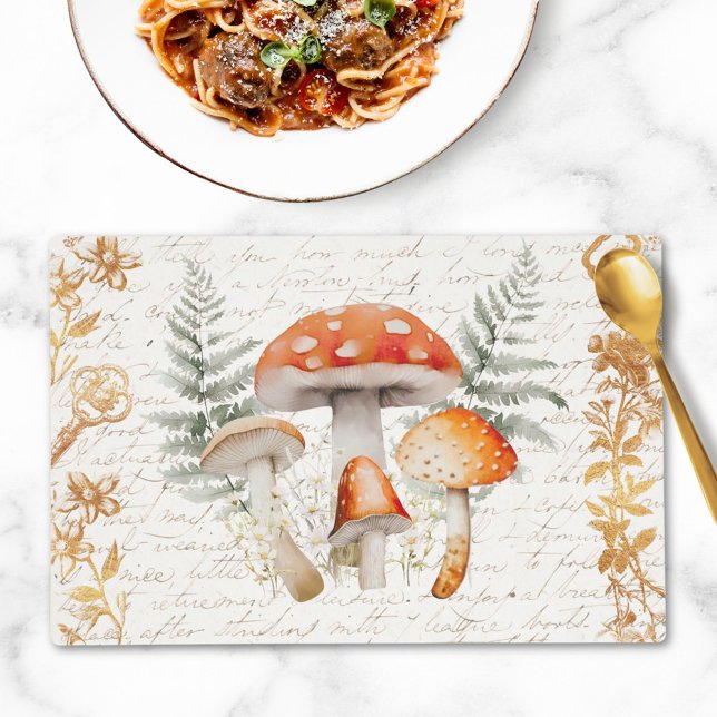 Whimsical Forest Mushroom Vintage letter Farmhouse Placemat (In situ, dining table)