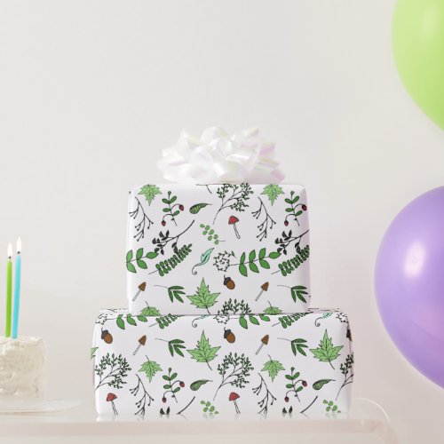 Whimsical Forest Mushrooms and Leaves  Wrapping Paper