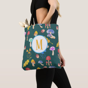 Whimsical Forest Mushrooms Monogram Tote Bag
