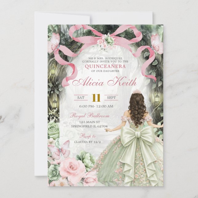 Whimsical Forest Pink Sage Bow Coquette Butterfly  Invitation (Front)