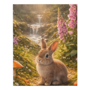 Whimsical Forest Rabbit with Mushrooms and Waterfa Faux Canvas Print