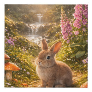 Whimsical Forest Rabbit with Mushrooms and Waterfa Faux Canvas Print