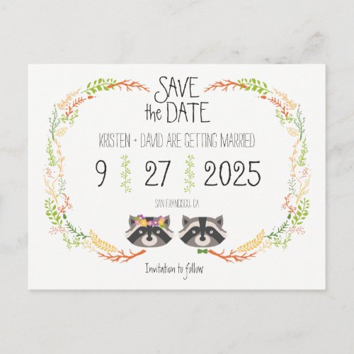 Whimsical Forest Raccoons Rustic Save the Date Announcement Postcard
