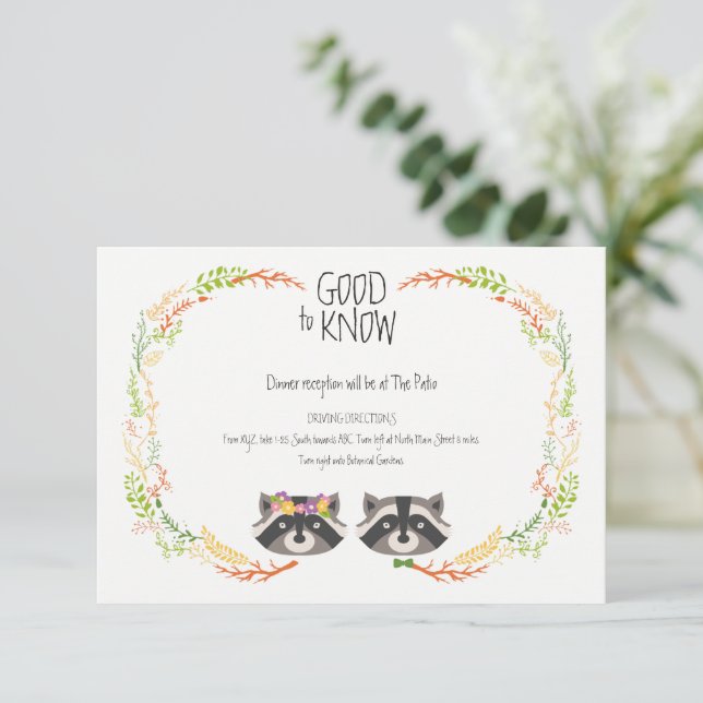 Whimsical Forest Raccoons Rustic Wedding Enclosure Card (Standing Front)