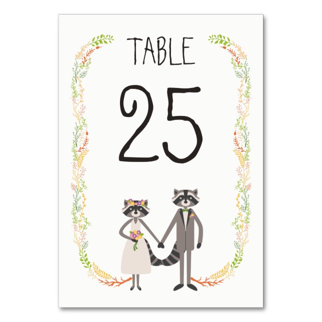Whimsical Forest Raccoons Rustic Wedding Table Table Number (Front)
