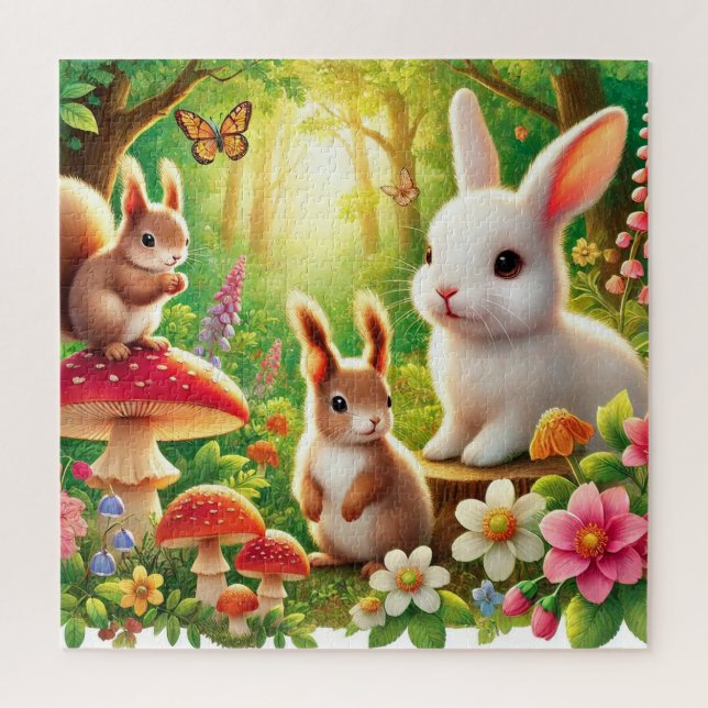 Whimsical Forest Scene with Rabbits, Squirrels Jigsaw Puzzle (Vertical)