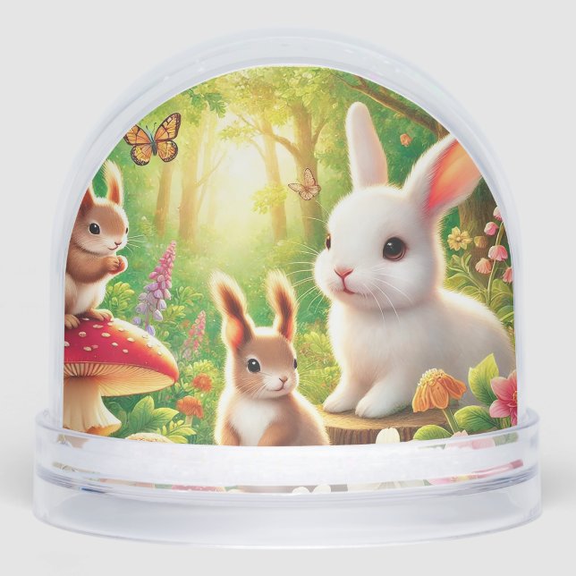 Whimsical Forest Scene with Rabbits, Squirrels Snow Globe (Front)
