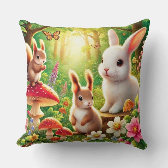 Whimsical Forest Scene with Rabbits, Squirrels Throw Pillow (Front)