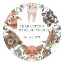 Whimsical forest woodland animals baby shower classic round sticker