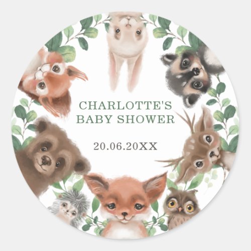 Whimsical forest woodland animals baby shower classic round sticker