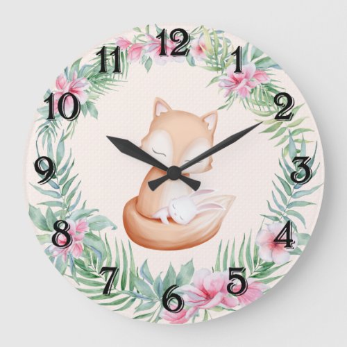 Whimsical Fox and Bunny Rabbit Snuggling Large Clock