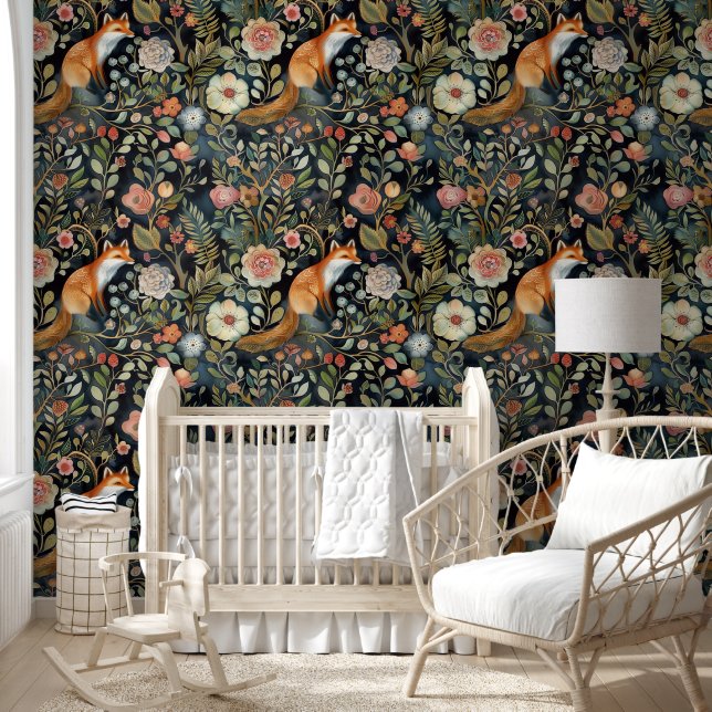 Whimsical Fox and Flowers Removable Wallpaper (Kids)