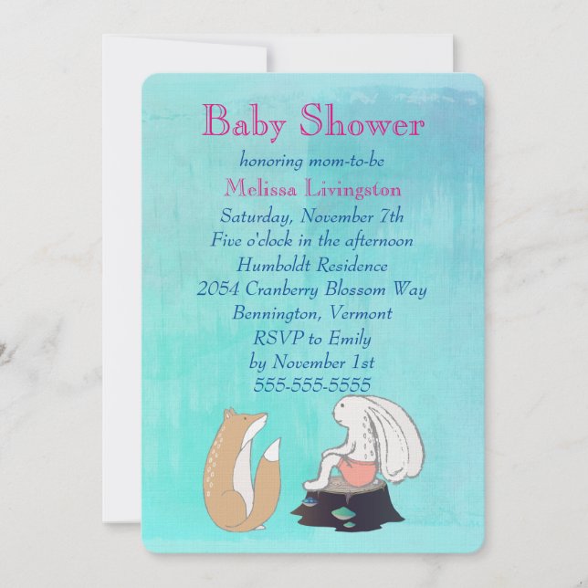 Whimsical Fox and Rabbit Turquoise Baby Shower Invitation (Front)