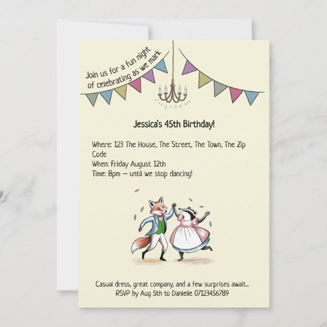 Whimsical Fox & Badger Dance 45th Birthday Invite (Front)