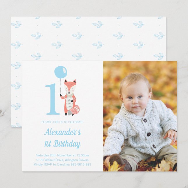 Whimsical Fox & Balloon Blue 1st Birthday Photo Invitation (Front/Back)