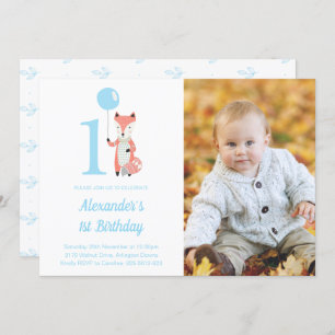 Whimsical Fox & Balloon Blue 1st Birthday Photo Invitation