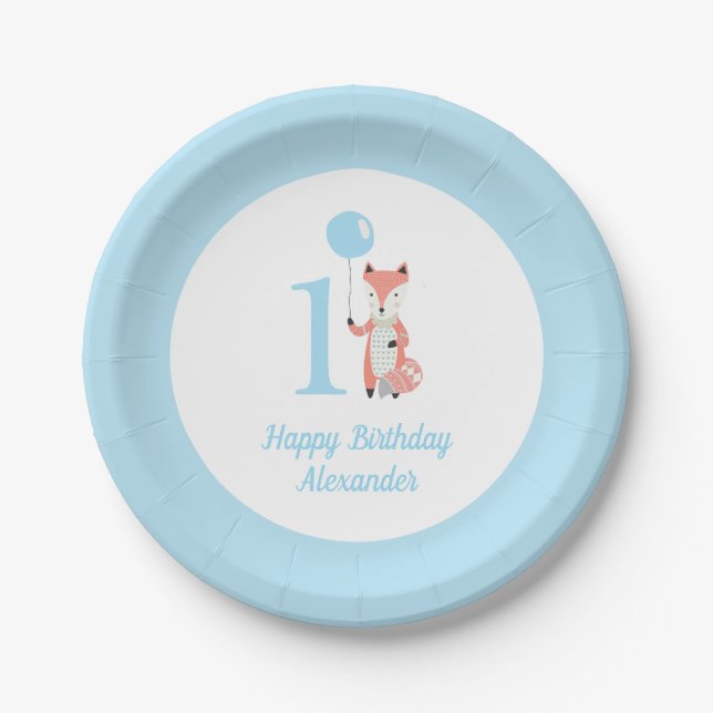 Whimsical Fox & Balloon Blue Happy Birthday 1st Paper Plates (Front)