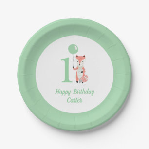 Whimsical Fox & Balloon Green Happy Birthday 1st Paper Plates