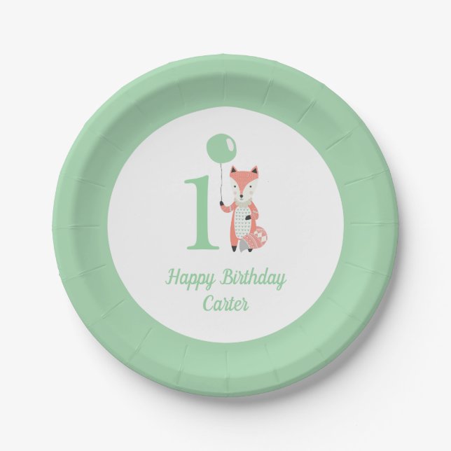 Whimsical Fox & Balloon Green Happy Birthday 1st Paper Plates (Front)