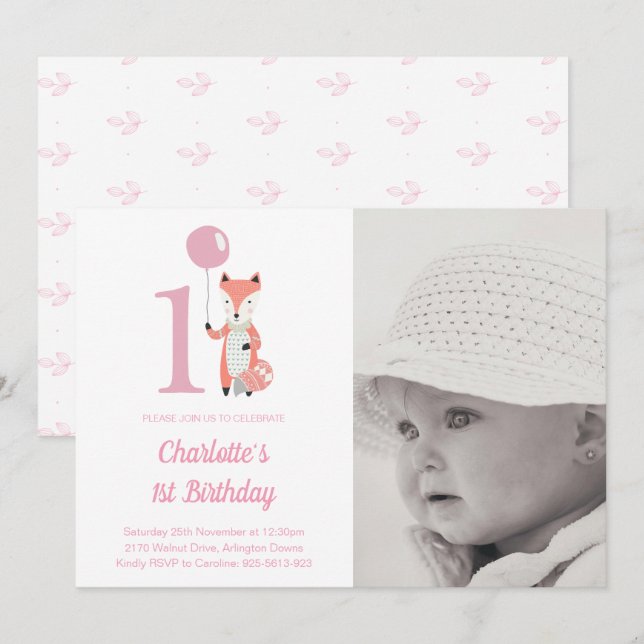 Whimsical Fox & Balloon Pink 1st Birthday Photo Invitation (Front/Back)