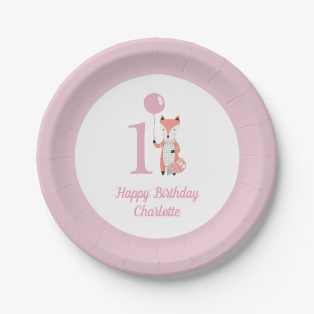 Whimsical Fox & Balloon Pink Happy Birthday 1st Paper Plates (Front)