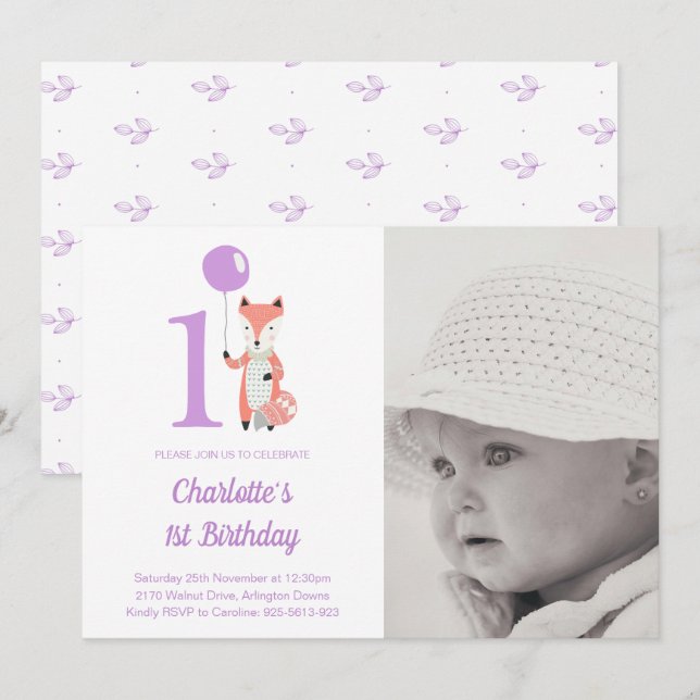 Whimsical Fox & Balloon Purple 1st Birthday Photo Invitation (Front/Back)