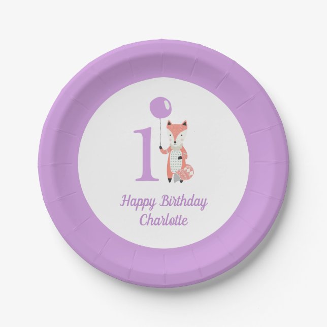 Whimsical Fox & Balloon Purple Happy Birthday 1st Paper Plates (Front)