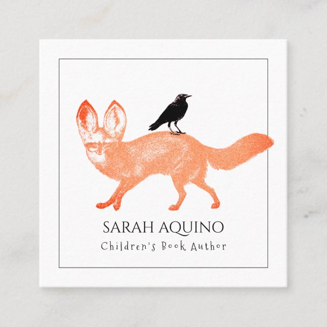Whimsical Fox & Crow Children's Book Author Square Business Card (Front)