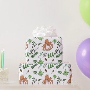 Whimsical Fox Family and Forest Leaves Wrapping Paper