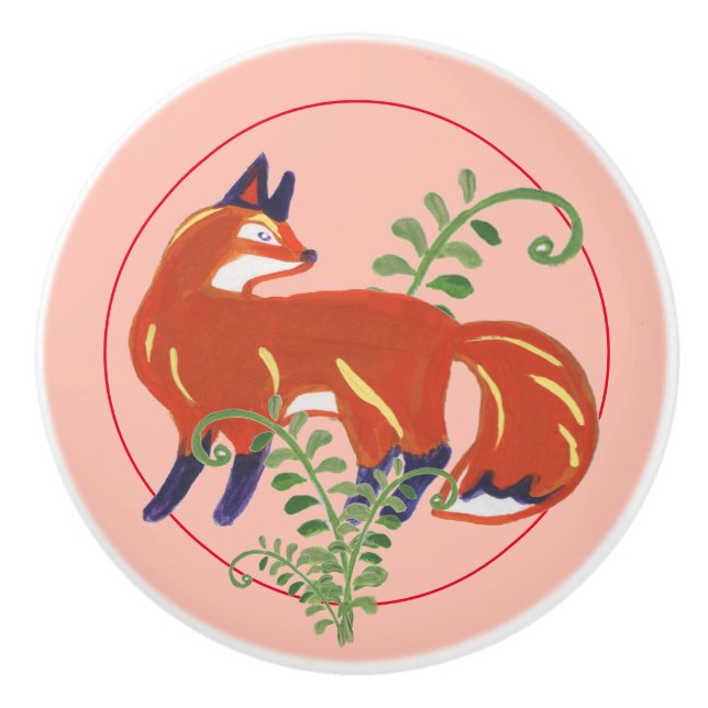 Whimsical Fox & Fern Folk Art Rustic Nursery Pink Ceramic Knob (Front)