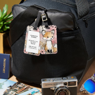 Whimsical Fox Floral Watercolor Art Luggage Tag