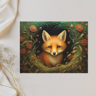 Whimsical Fox in Floral Meadow Holiday Postcard