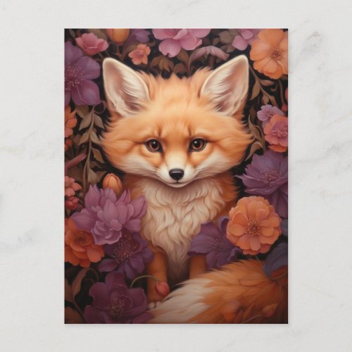 Whimsical Fox on a Bed of Fall Flowers Postcard