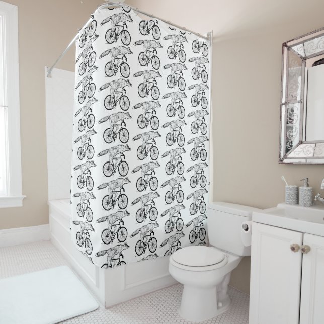 Whimsical Fox on Bicycle Art Print Shower Curtain (In Situ)