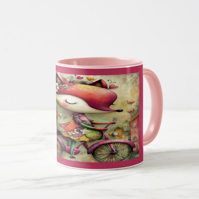 Whimsical Fox on Bicycle Floral Magic Mug (Front Right)