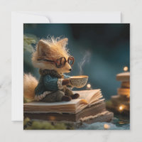 Whimsical Fox Reading Book and Drinking Tea