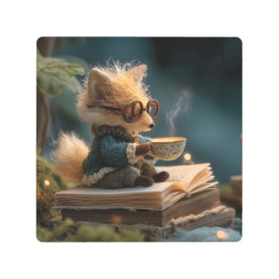Whimsical Fox Reading Book and Drinking Tea Metal Print