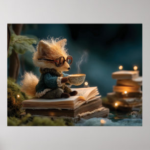 Whimsical Fox Reading Book and Drinking Tea Poster