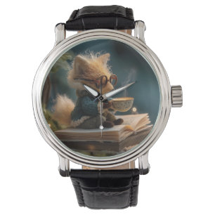 Whimsical Fox Reading Book and Drinking Tea Watch