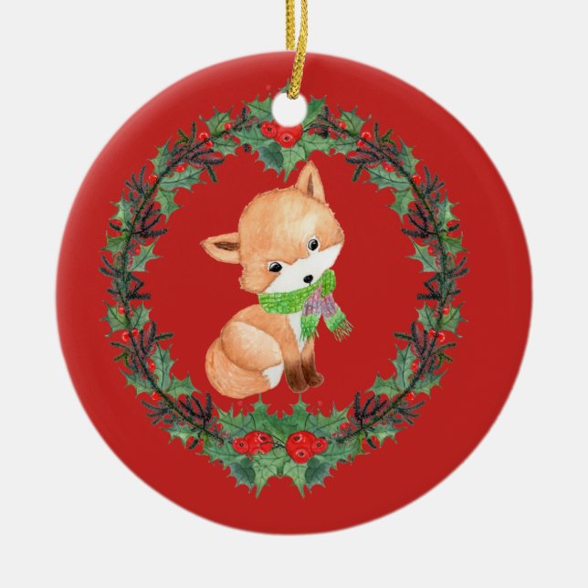 Whimsical Fox Wreath Personalized Ceramic Ornament (Front)