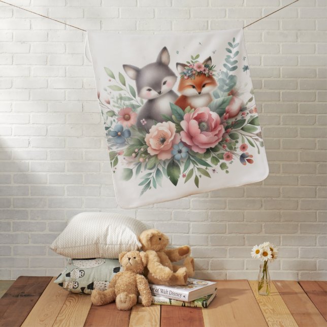 Whimsical Foxes and Flowers Baby Blanket (In Situ)