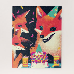 Whimsical Foxes Birthday Party in Risograph Style Jigsaw Puzzle